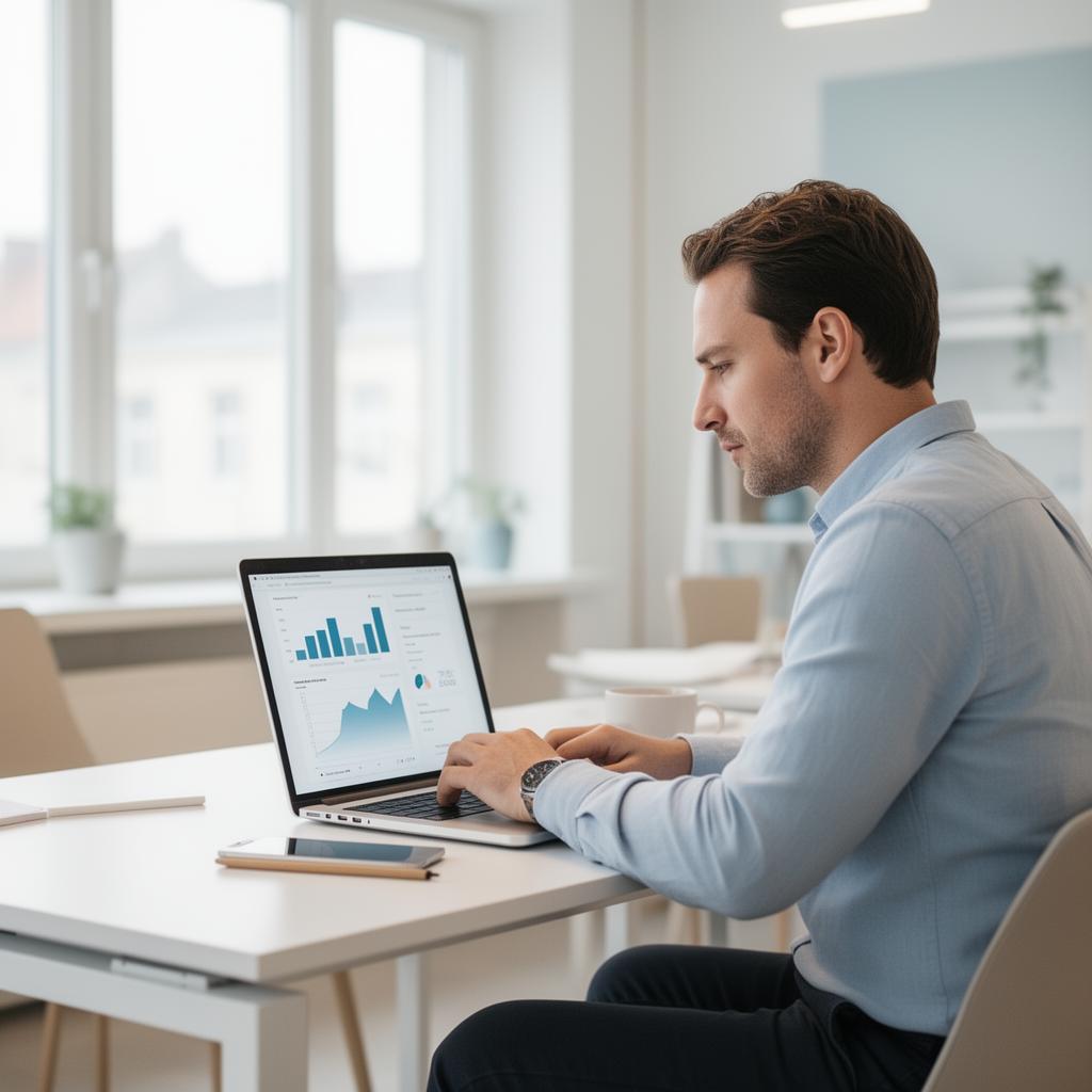 European marketing manager reviewing analytics on a laptop in a bright office