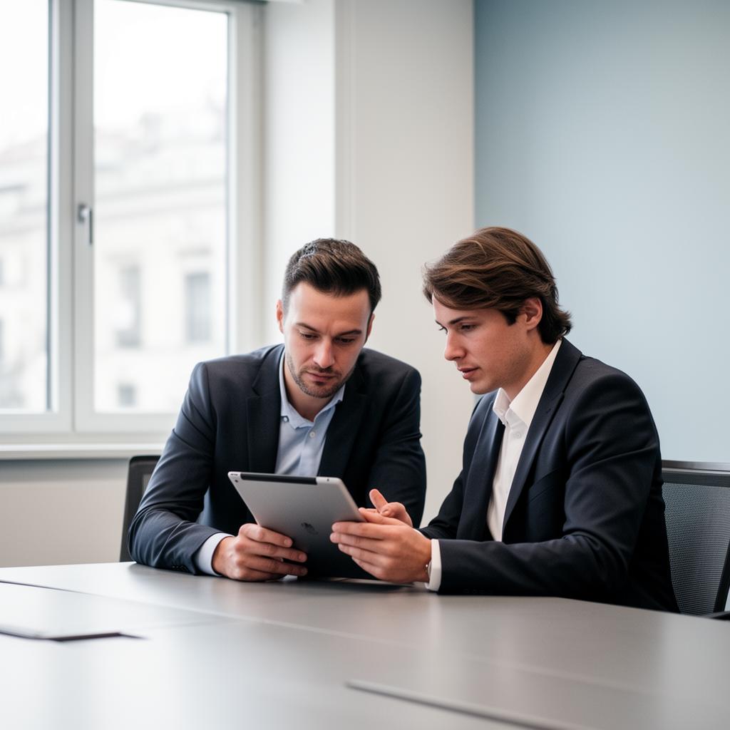 Two colleagues comparing analytics dashboards on a tablet